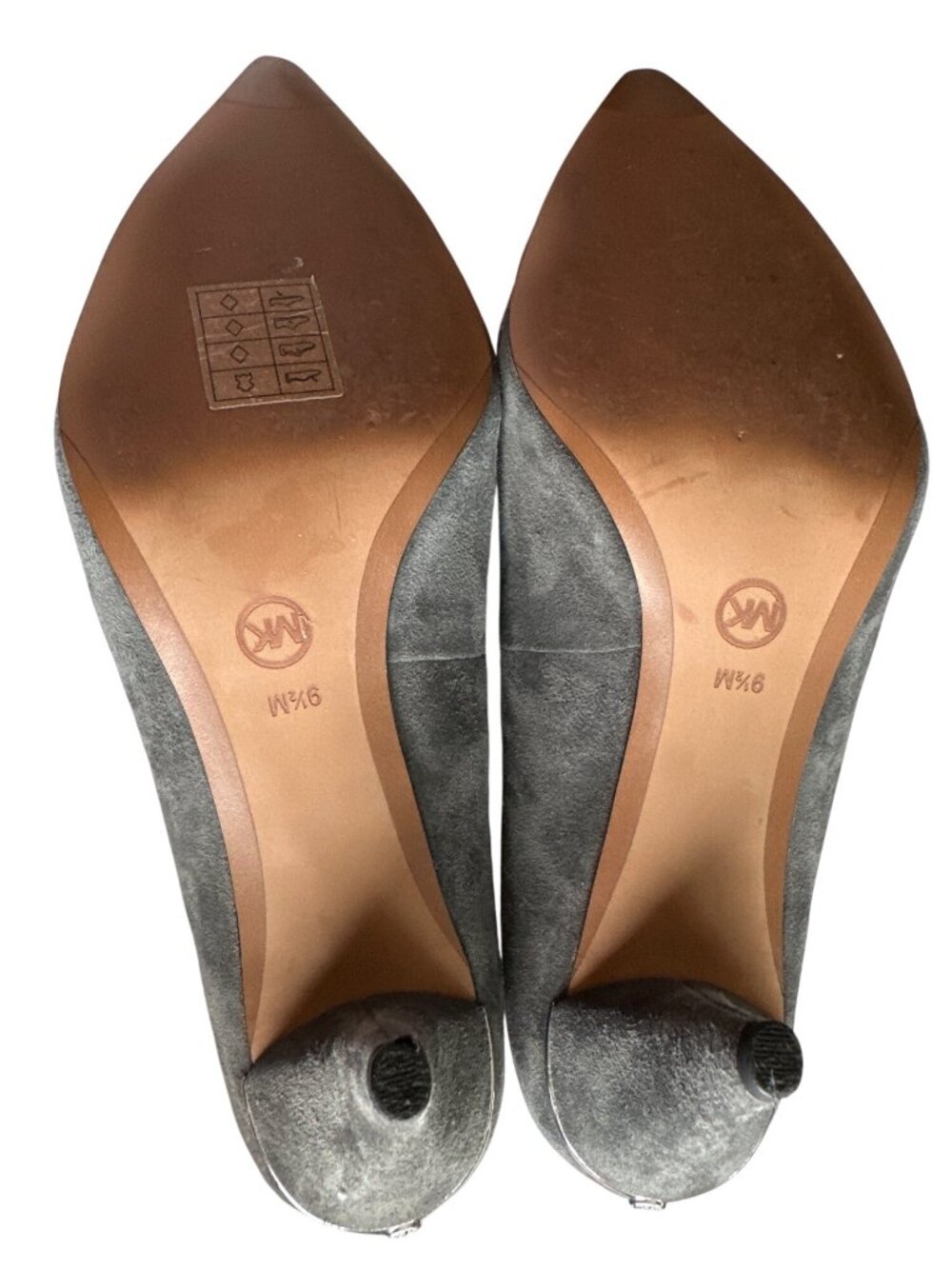 MICHAEL Michael Kors Gray Suede Heels Pointed-Toe Heels Silver Band Logo 9.5 - Picture 9 of 9
